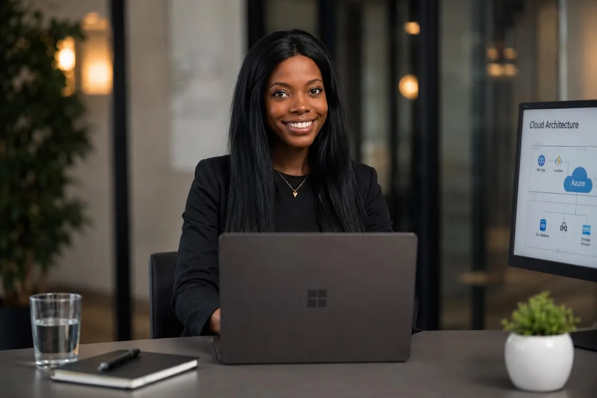 Linda Bujitu lacht naar de camera achter een Microsoft Surface-laptop aan een bureau in een modern kantoor, met op een scherm naast haar een Azure cloud-architectuurdiagram.