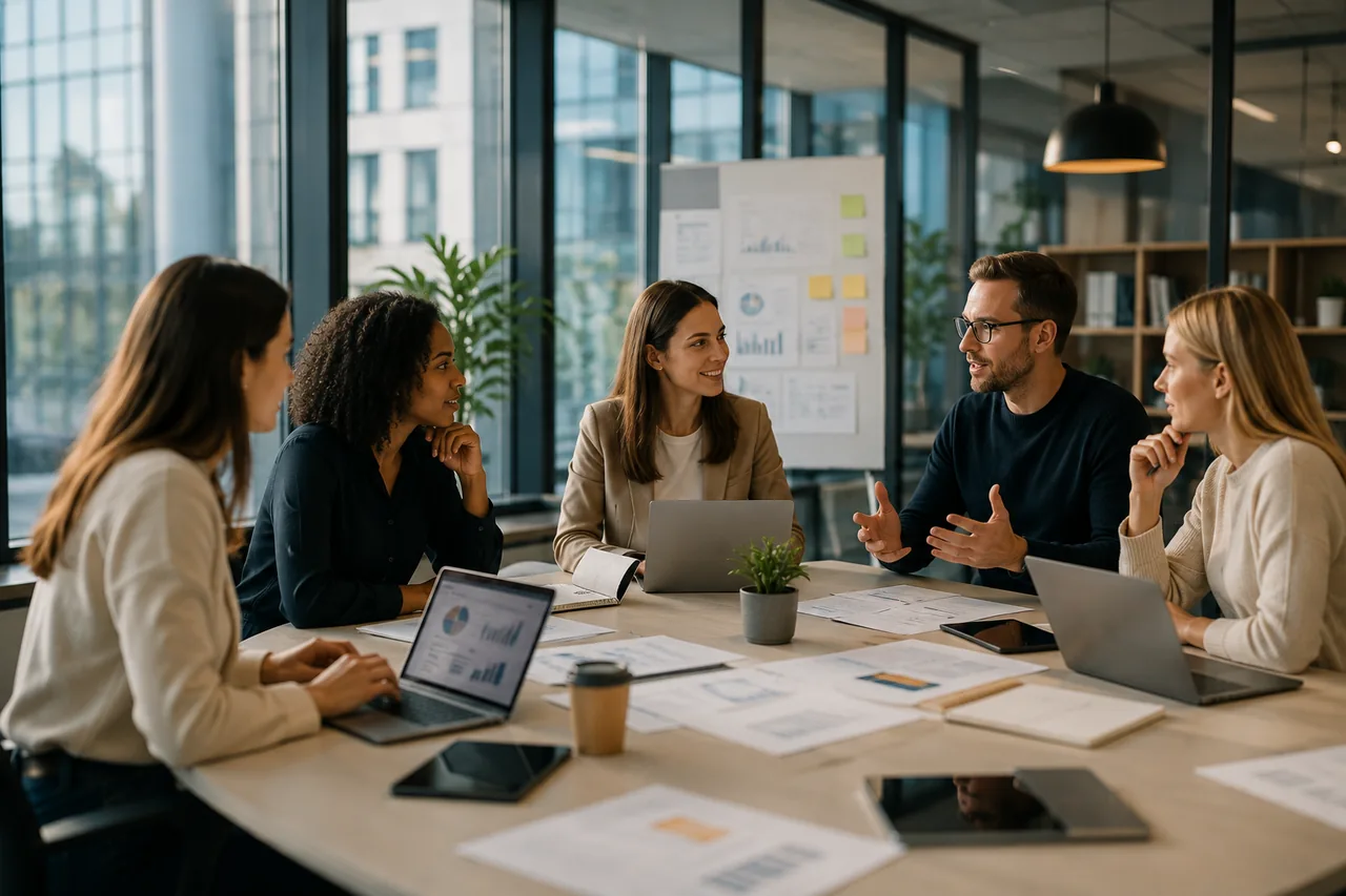 Een divers team in gesprek rond een vergadertafel in een licht, modern kantoor met laptops, documenten en een dashboard op de flip-over.